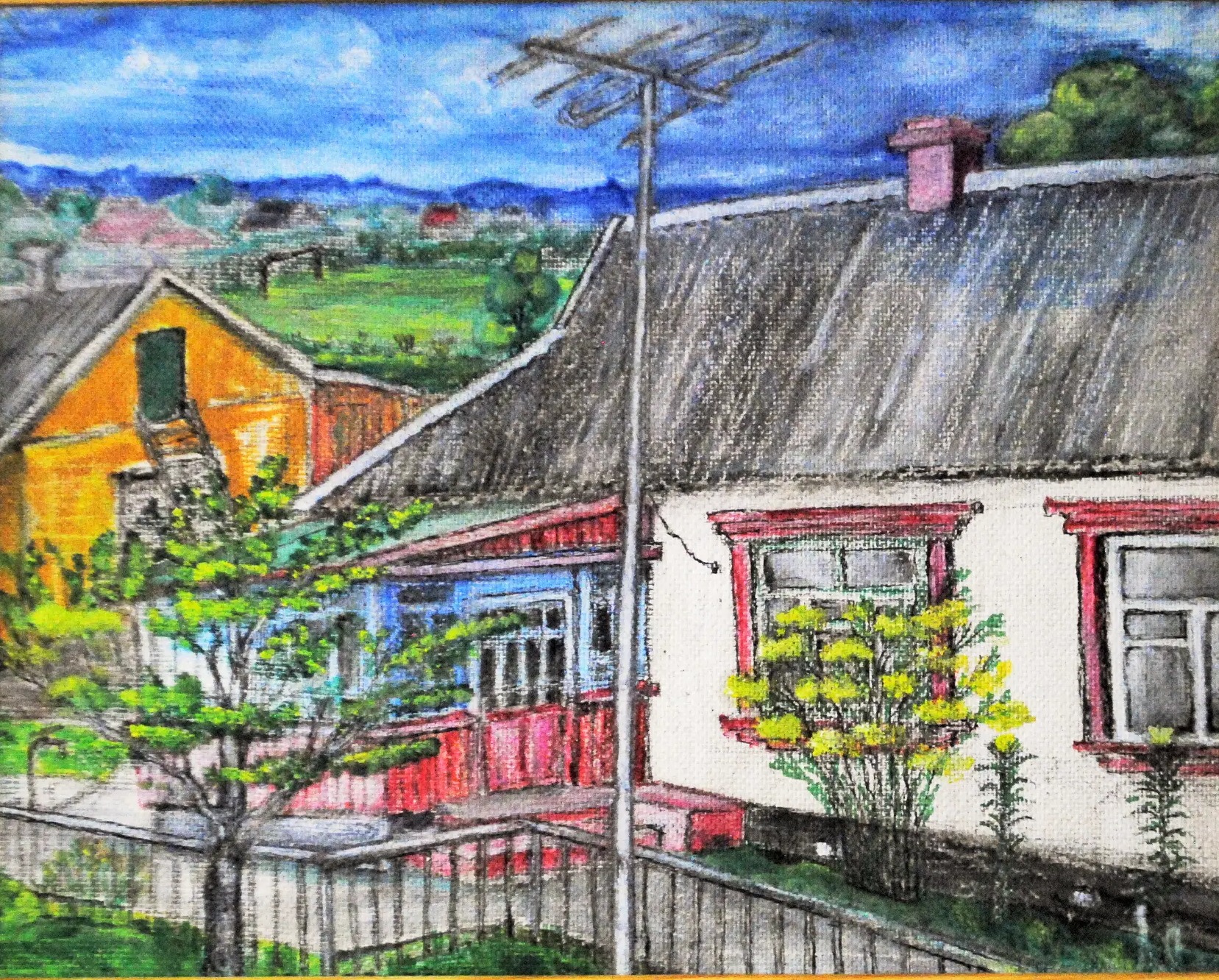 Rooftops and the Old Antenna — painting by Leonid Fedorets
