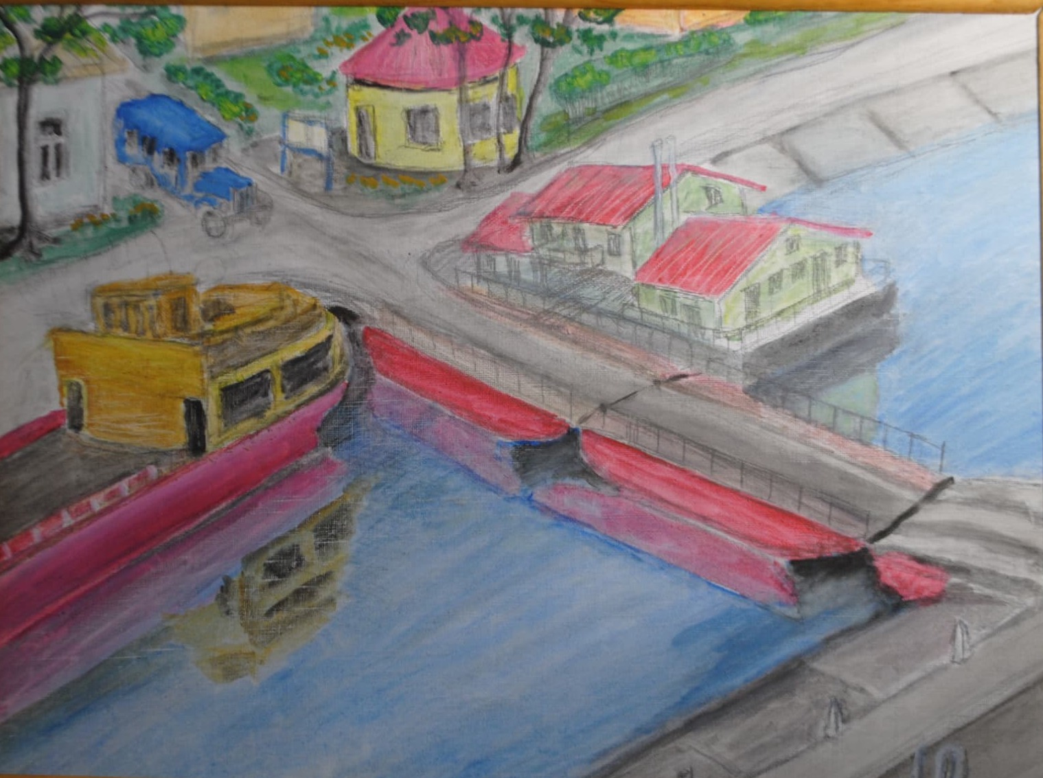 Red Barges at the Quay — painting by Leonid Fedorets