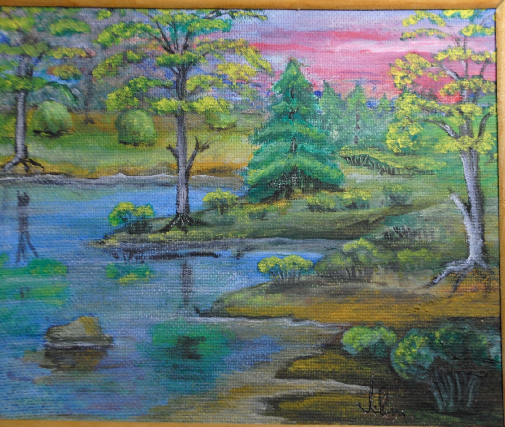 Pink Sky over the Forest Pond — painting by Leonid Fedorets